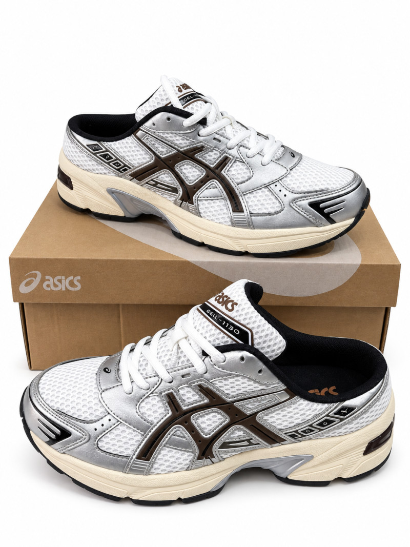 ASICS GEL-1130 — أبيض وفضي بتفاصيل بنية
